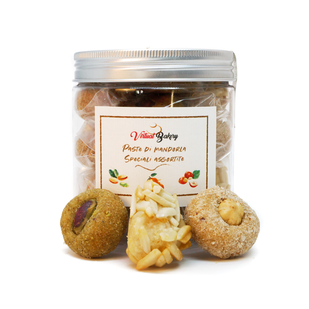 Paste di Mandorla al Pistacchio, Paste di Mandorla alla Nocciola, Paste di Mandorla al Mandarino Tardivo di Ciaculli - Barattolo Medio